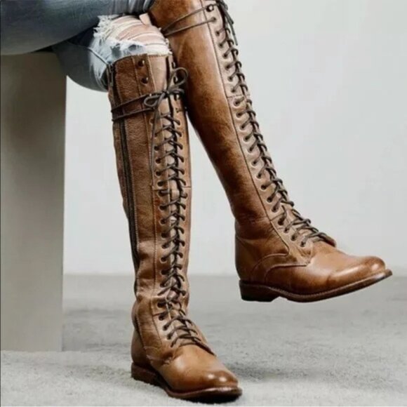 Bed Stu Della Boot Glastonbury Lace Up Knee High Leather Tan Rustic Size 7.5 - Picture 2 of 14